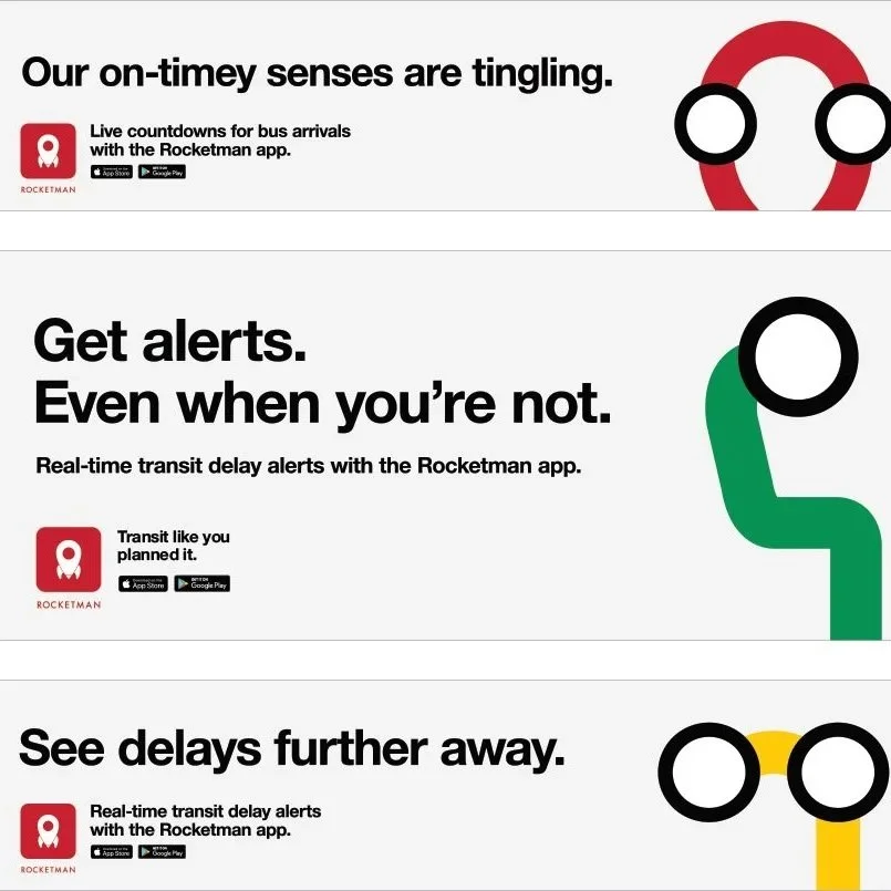 Advertisement promoting the Rocketman app for transit alerts. The ad features three sections: the first with a red logo and the slogan 'Our on-time senses are tingling' and a graphic of transit lines; the second with bold text 'Get alerts. Even when you're not,' showing a green transit line graphic; the third with bold text 'See delays further away' and a yellow transit line graphic. The Rocketman logo and app store icons are present in each section.