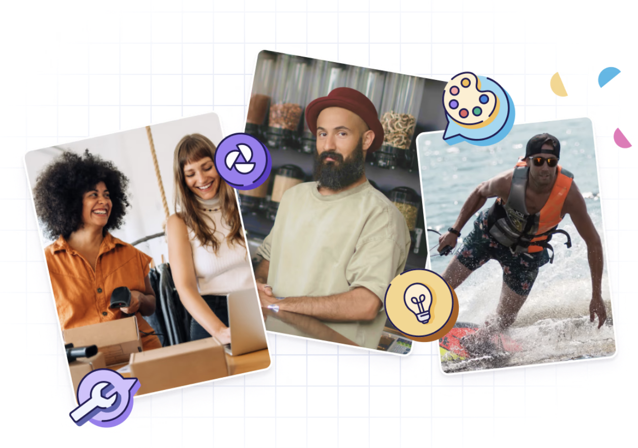 Collage of three people: two women smiling at a desk with boxes, a man with a beard in a store, and a man surfing at the beach, with icons of tools, a camera, a palette, and a light bulb around them.