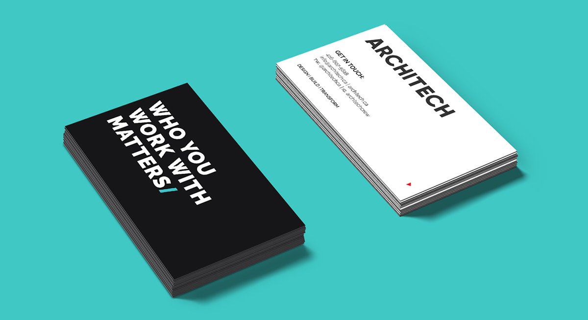 Two stacks of business cards, one black with white text saying "WHO YOU WORK WITH MATTERS!" and one white with black text, on a teal background.