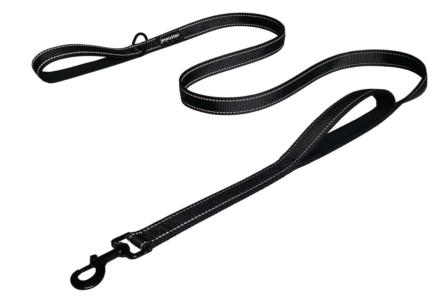 Black dog leash with a metal clip and handle, laid out against a white background.