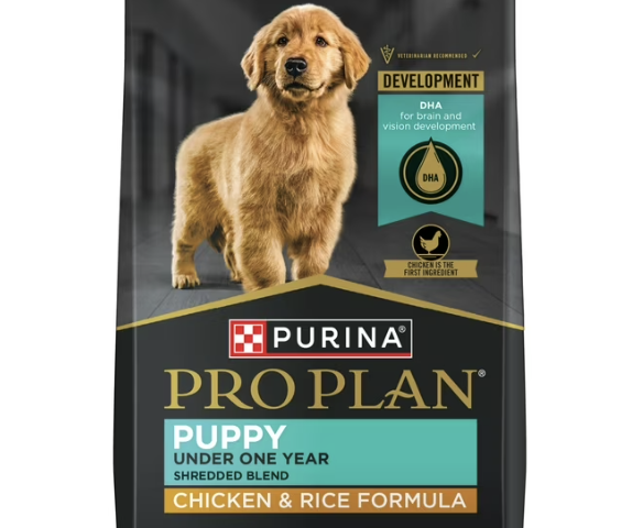 Bag of Purina Pro Plan puppy food with a picture of a golden retriever puppy on it. The bag indicates it is for puppies under one year old, with chicken and rice formula, and contains DHA for brain and vision development.