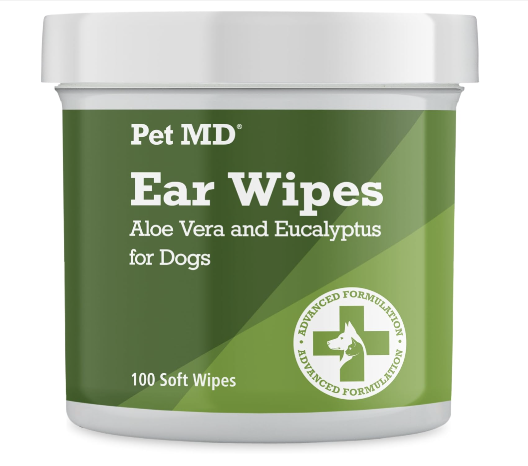 Container of Pet MD Ear Wipes for Dogs with aloe vera and eucalyptus, 100 soft wipes.