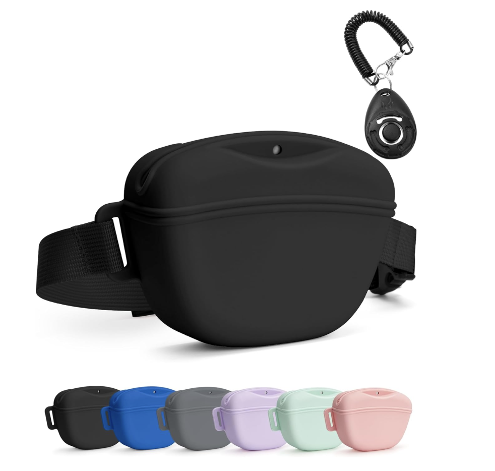 A black silicone case designed for wireless earbuds with a matching color keychain, displayed alongside similar cases in blue, gray, purple, green, and pink.