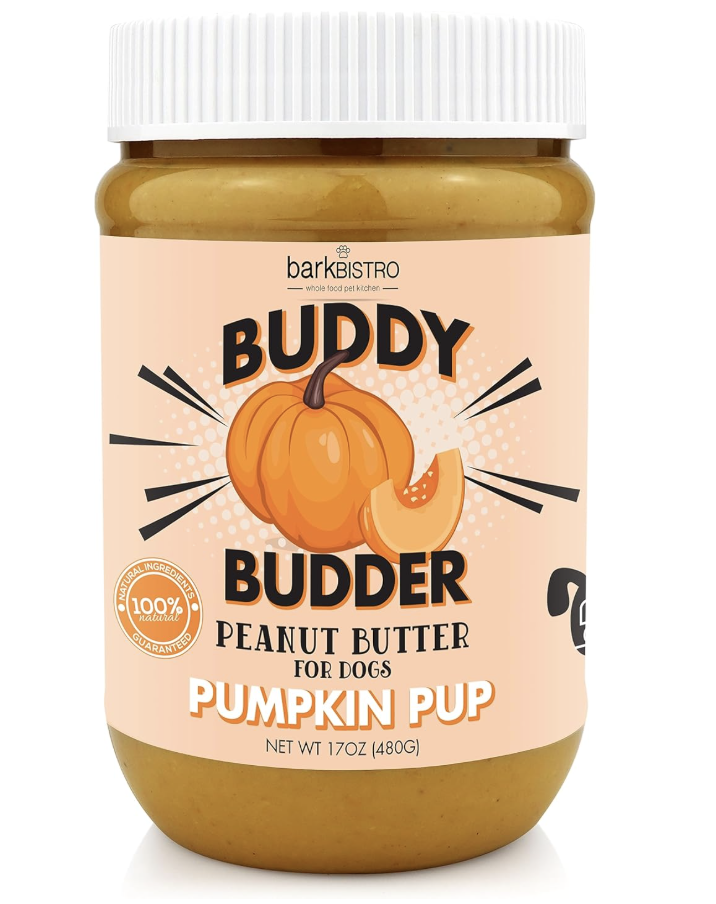 Jar of Buddy Budder peanut butter for dogs by Bark Bistro, pumpkin flavor, 17 ounces, with cartoon pumpkin illustration on label.