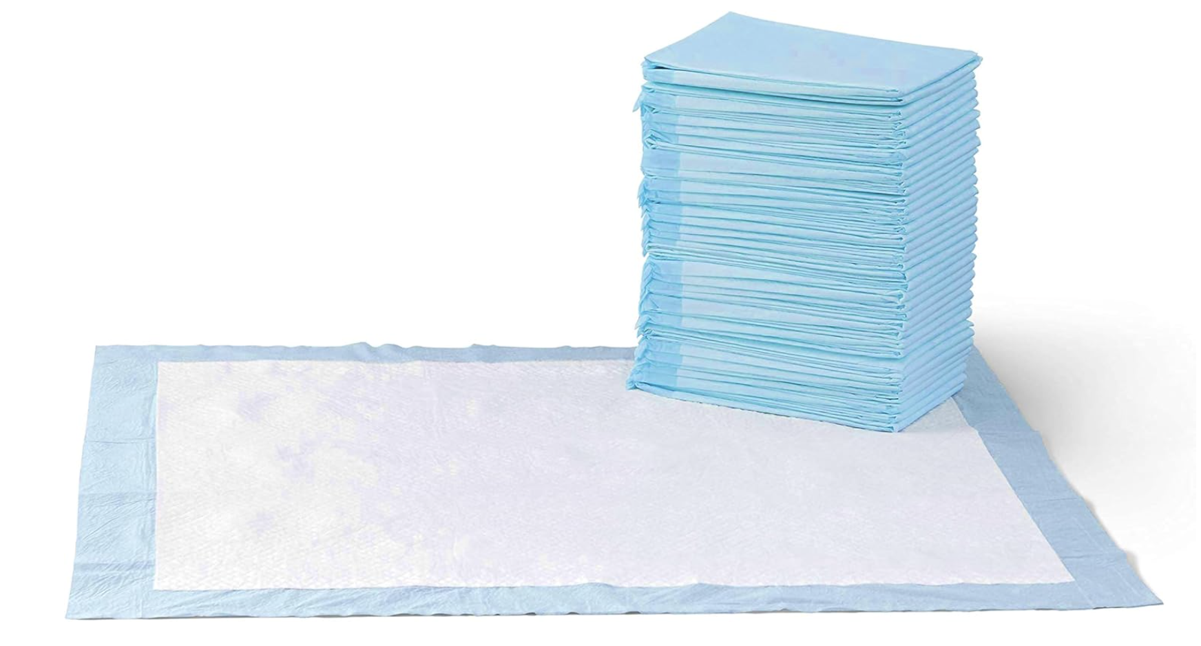 A large stack of disposable blue absorbent pads set against a white background, with one pad laid out flat in front.
