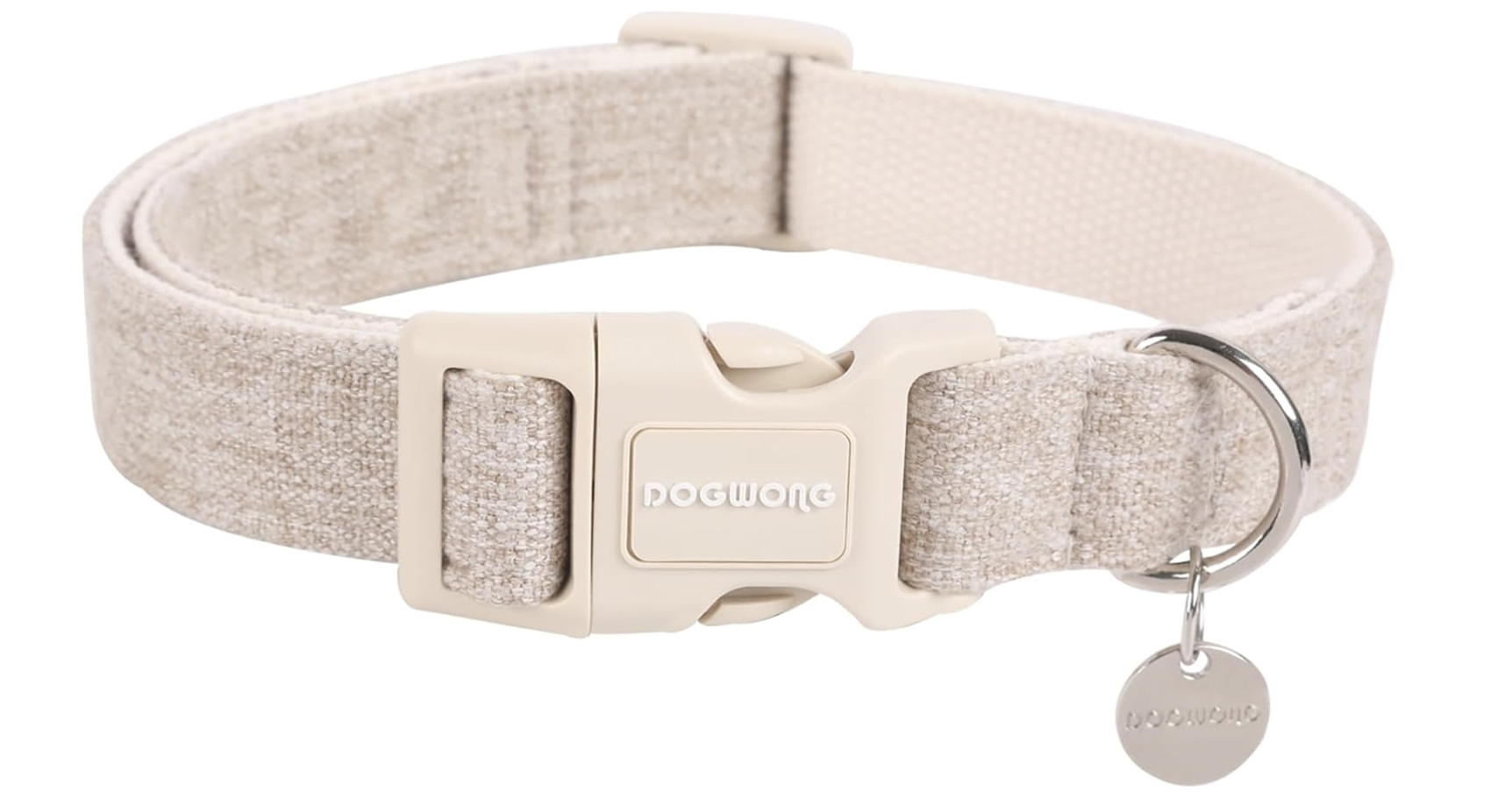 Light beige adjustable dog collar with plastic buckle, metal D-ring, and small silver tag engraved with the brand name 'DOGWONG'.