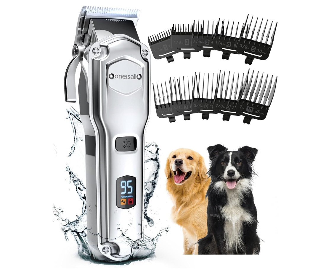 Dog grooming clipper with adjustable guide combs and a digital display showing 95, accompanied by a golden retriever and a border collie.