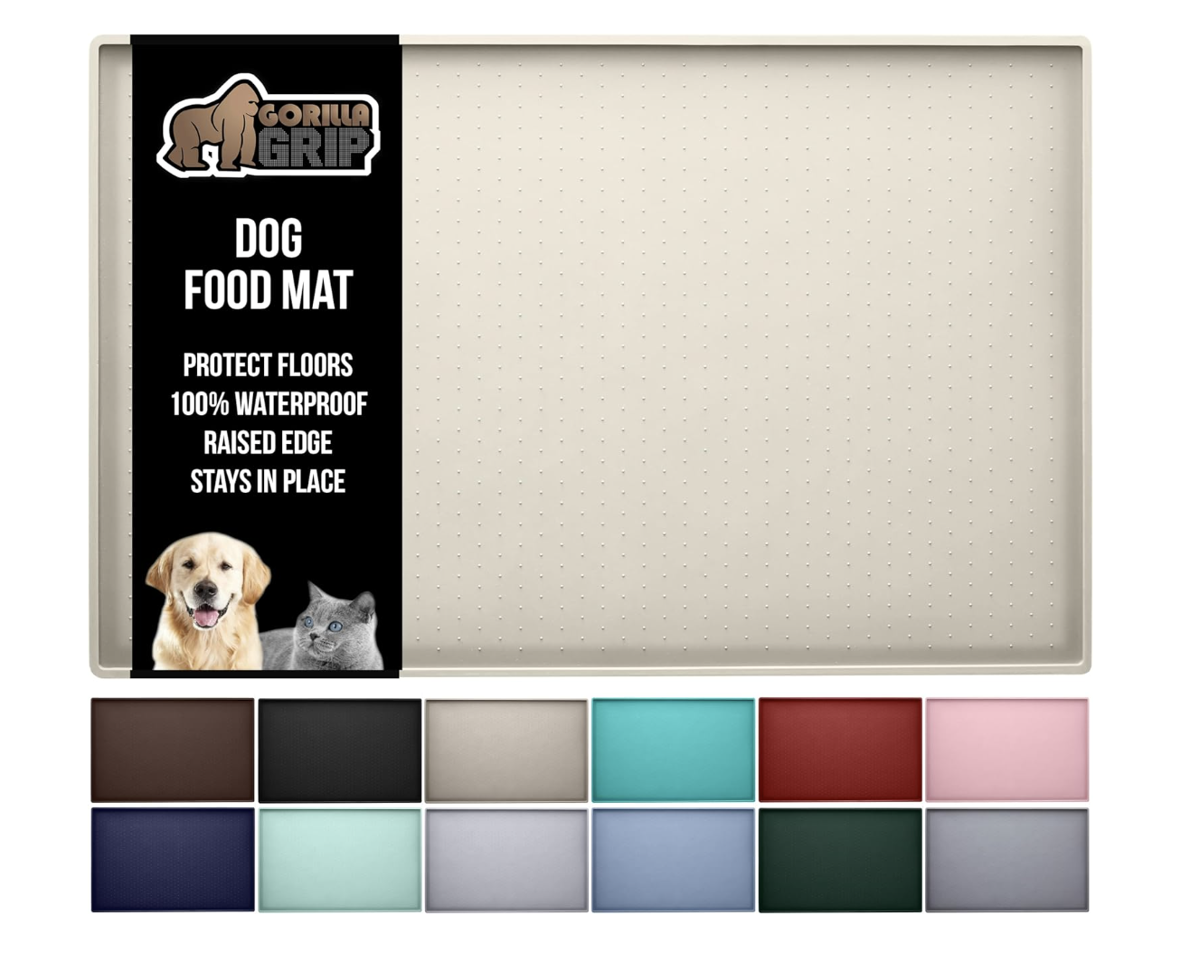 Dog food mat with a black label on the left side, featuring the brand name 'Gorilla Grip' and images of a golden retriever and a gray cat. The label lists features: protect floors, 100% waterproof, raised edge, stays in place. Below the mat are various color options.