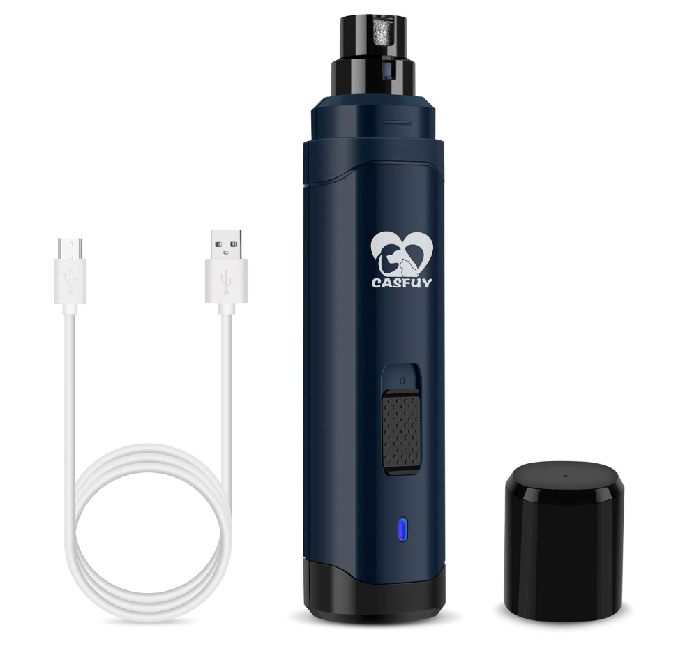 Portable vaporizer with a blue body, black mouthpiece, and a removable black battery, with a white USB charging cable.