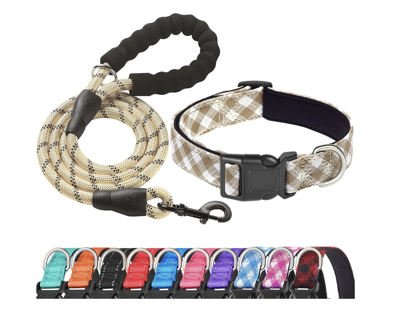 A collection of colorful dog collars and leashes, including a beige plaid collar with a black buckle, a coiled beige and black leash, and a row of nylon collars in various colors with metal D-rings.