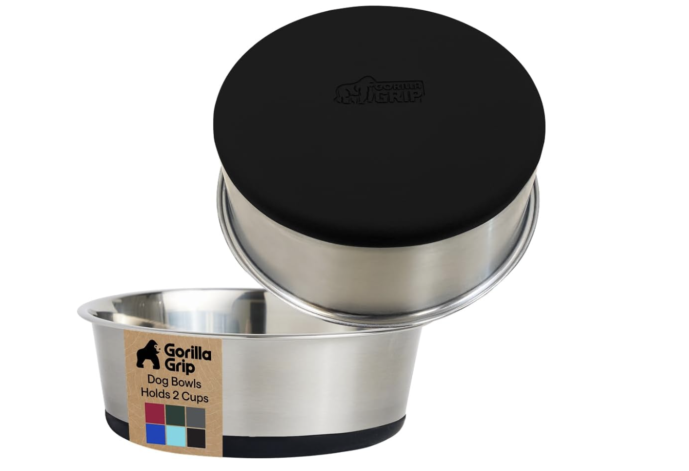 Stainless steel dog bowls with a black rubber base, one with a black lid, labeled 'Gorilla Grip Dog Bowls Holds 2 Cups'.