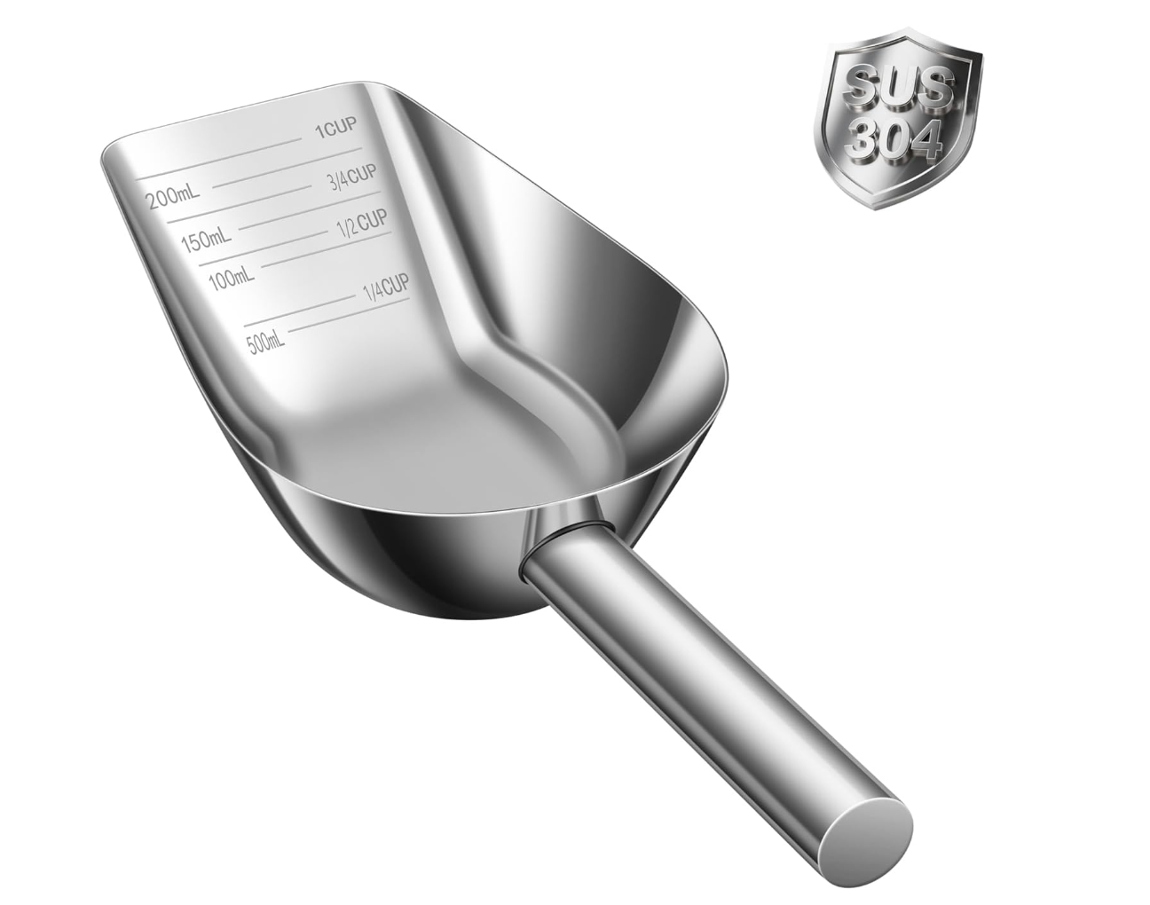 A stainless steel measuring scoop with measurement markings for milliliters and cups, and a shield emblem indicating stainless steel grade SUS 304.