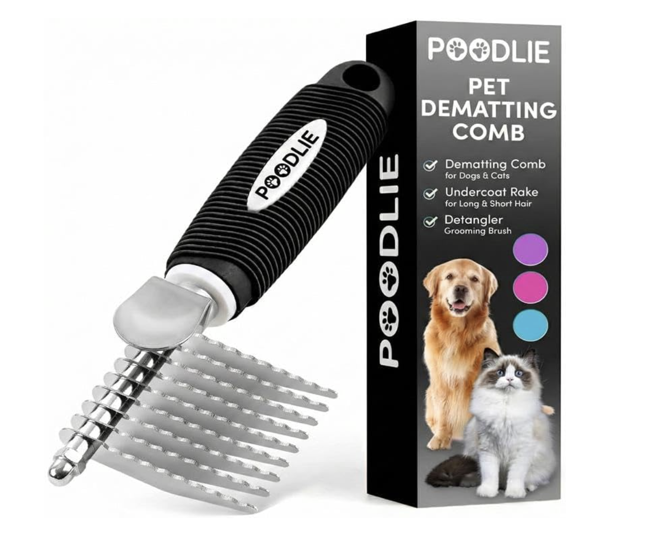 Pet dematting comb with black handle and metal teeth next to a black box labeled POODLE, featuring images of a dog and a cat, and color-coded circles representing brand colors.
