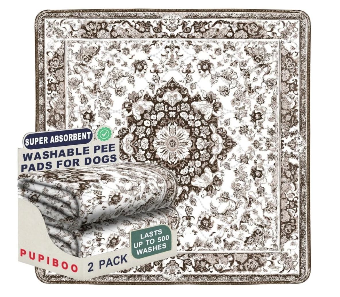 Two-pack washable dog pee pads with a floral pattern, branded Pupiboo, advertised as super absorbent, lasting up to 500 washes.