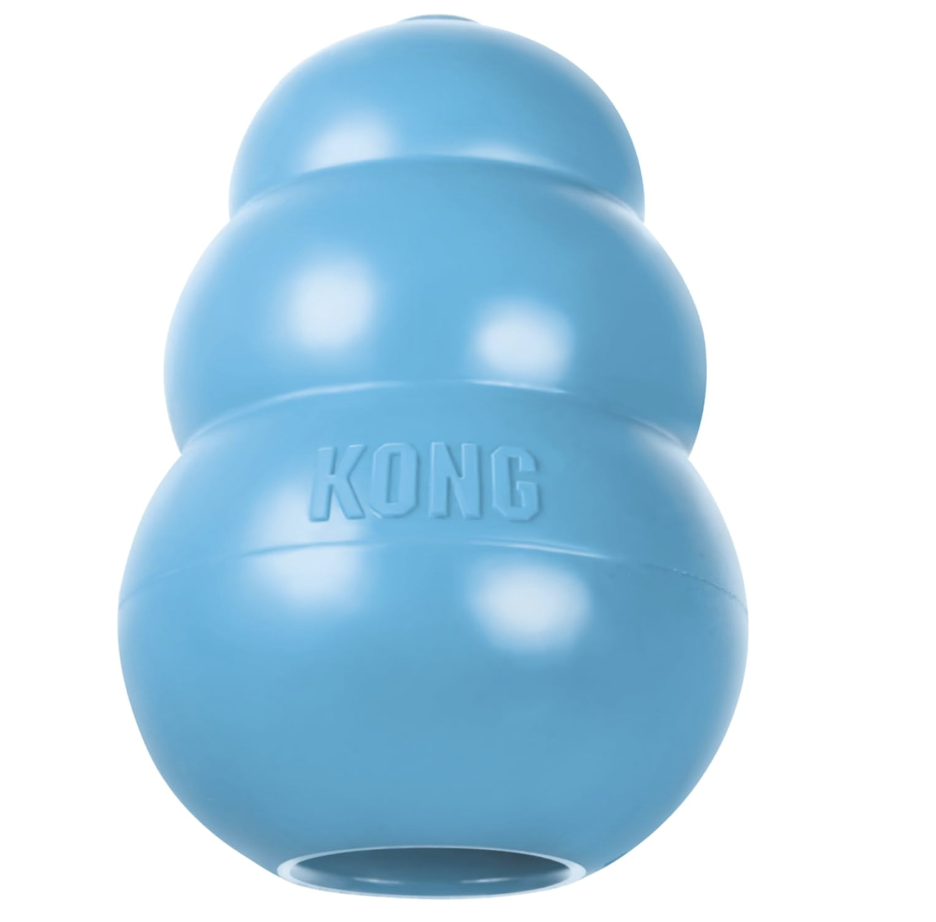 Blue KONG rubber dog toy with three rounded sections, engraved with the brand name 'KONG'.