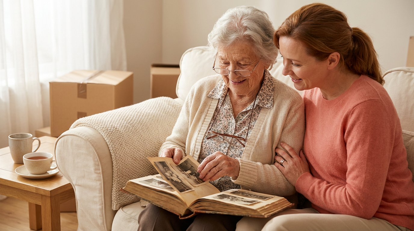 a senior and her daughter packing her photos for transitioning to senior care