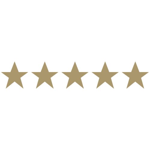 Five gold stars aligned in a row below the word "RATING" in black capital letters.