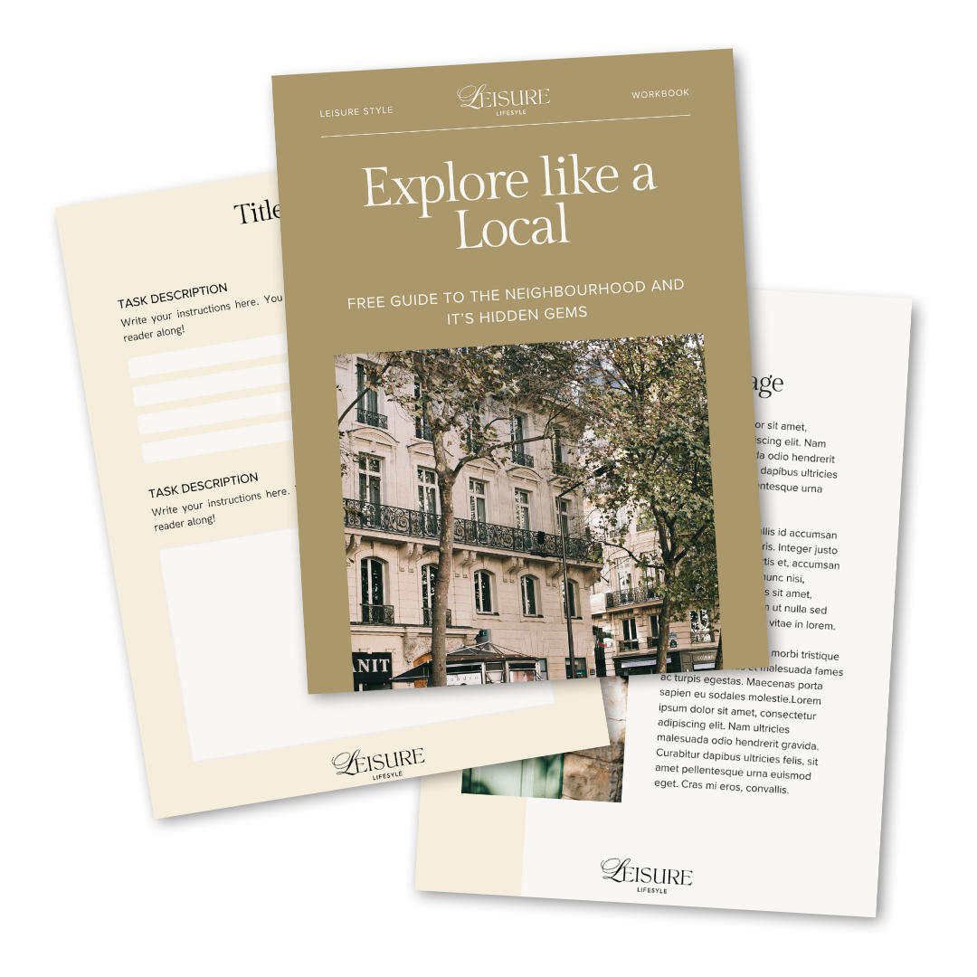 Booklet titled "Explore like a Local" with a beige cover featuring a photograph of a European-style building with trees in front, and pages with text and task descriptions, beneath a black background.