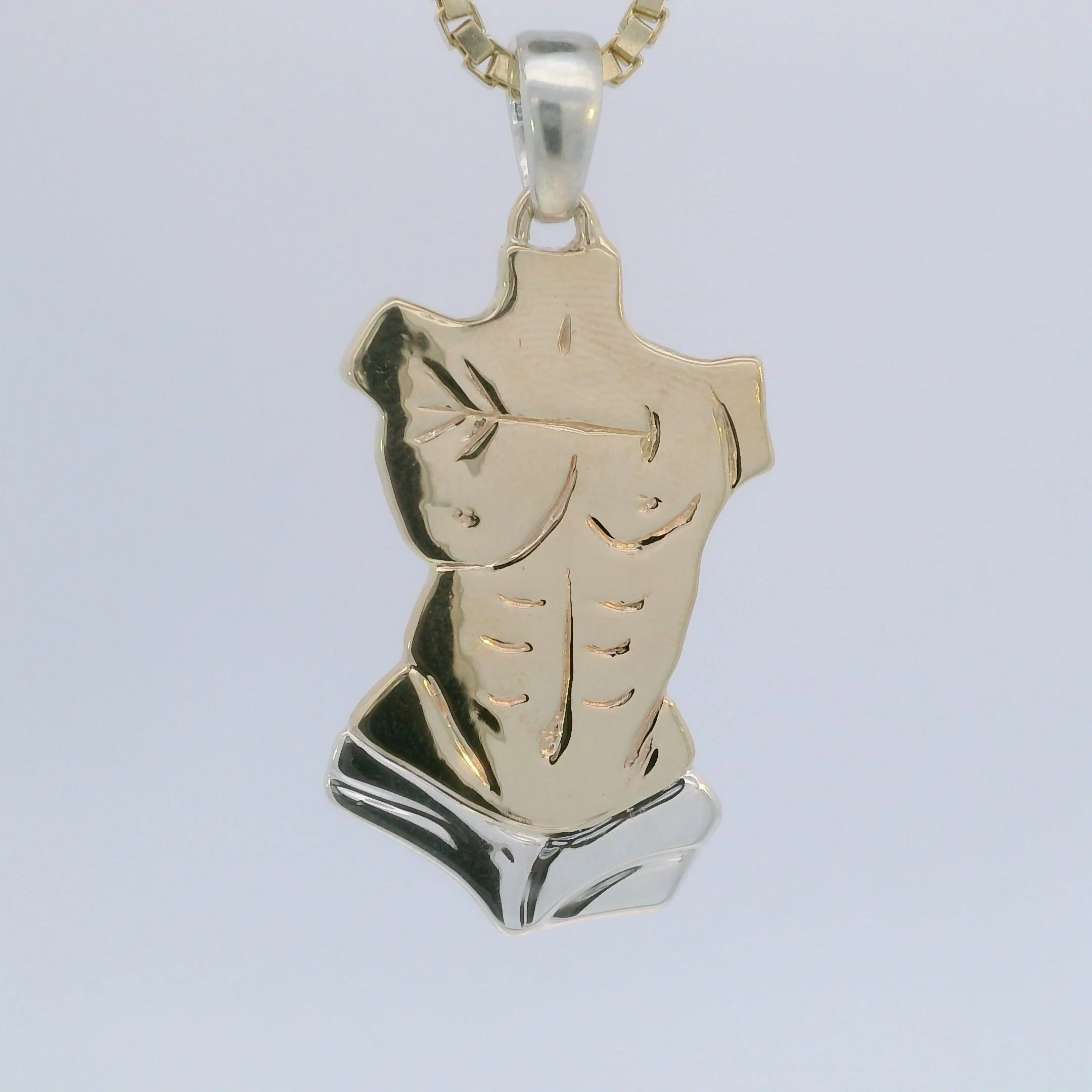 Close-up of a gold necklace with a charm in the shape of a dove or bird, hanging against a plain white background.