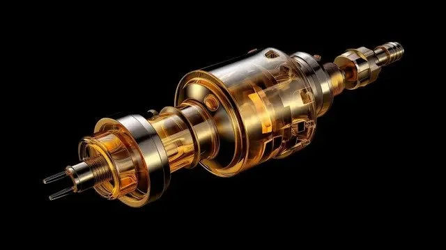 A metallic and transparent camera lens or mechanical component against a black background.