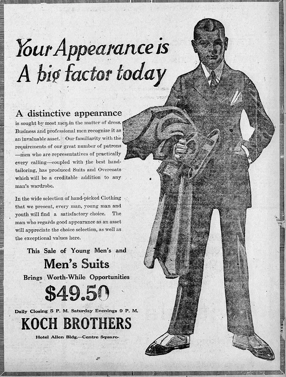 Vintage black-and-white advertisement featuring a man in a suit holding a hat and an umbrella, promoting a sale on men's suits and overcoats at Koch Brothers.
