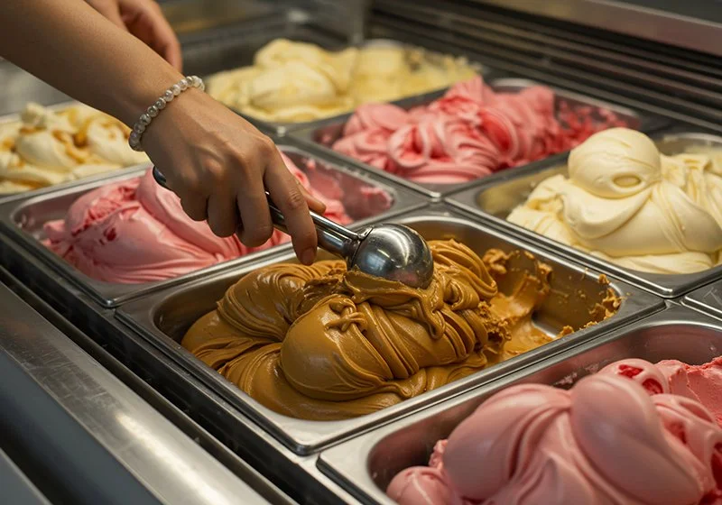 A person serving gelato from a tray at the Gelati Biscoti store, with other flavors like strawberry, vanilla, and pink ice cream in the background.