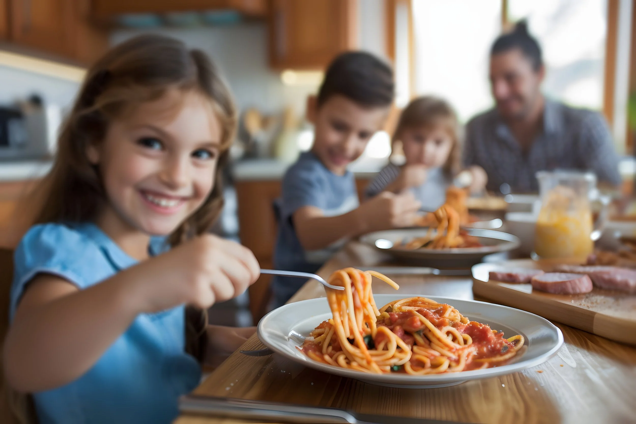 Children enjoying a meal together at a kitchen table, with spaghetti on a plate in the foreground and a family in the background.