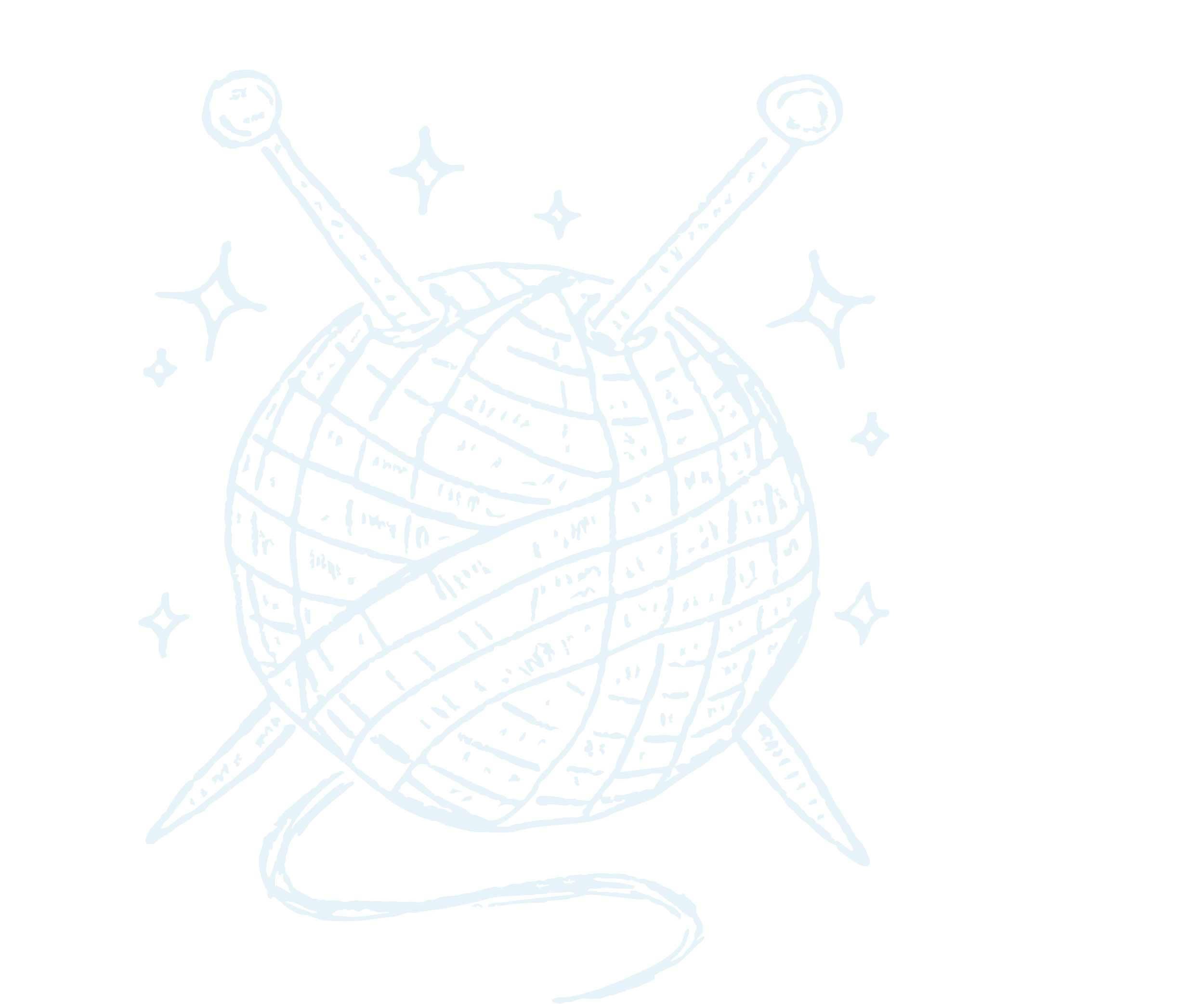 Drawing of a ball of yarn with two knitting needles stabbed into it, surrounded by sparkles, on a black background.