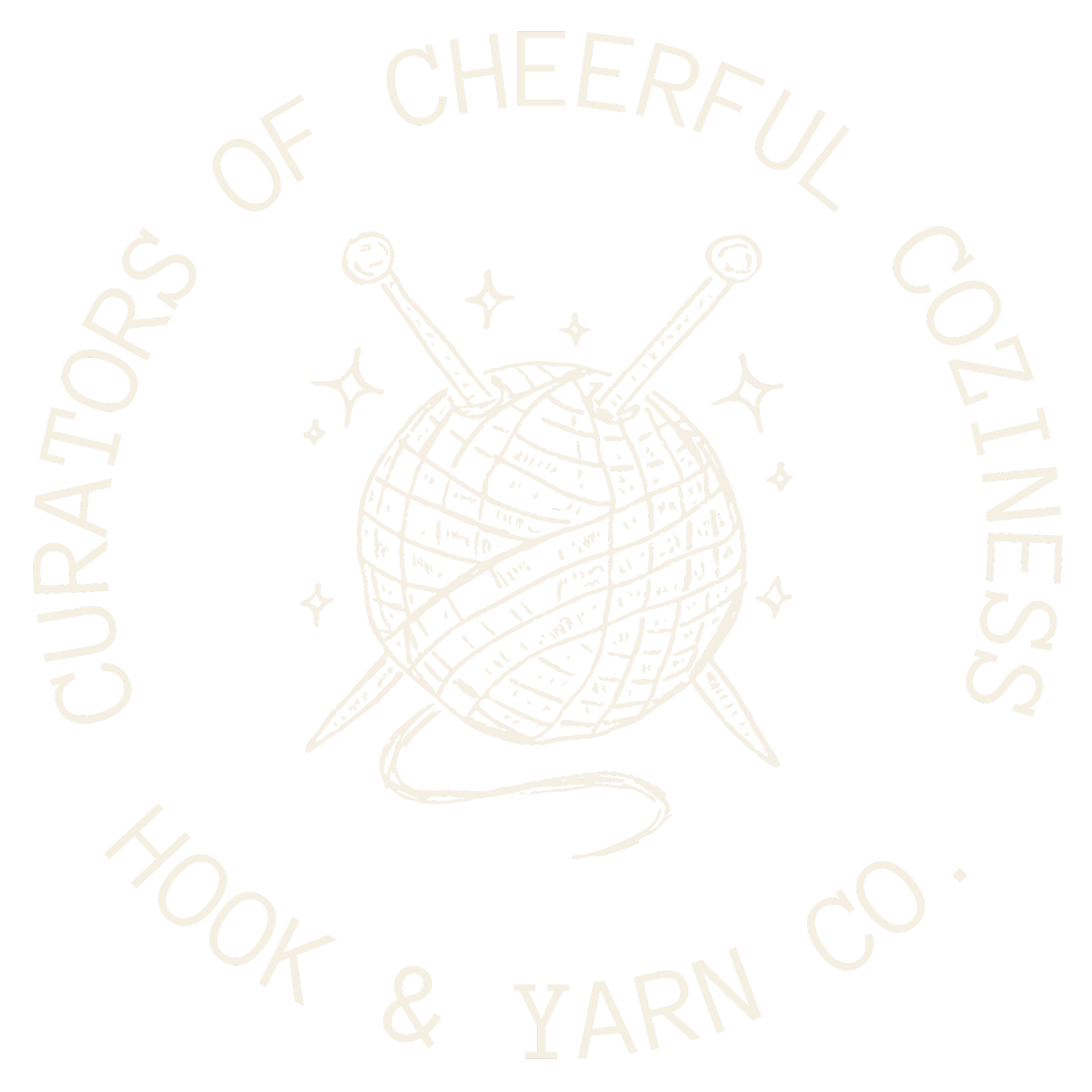 Logo for Curators of Cheerful CoziNes, featuring a drawing of a yarn ball with knitting needles, surrounded by stars on a black background, with the company name and description in circular text.