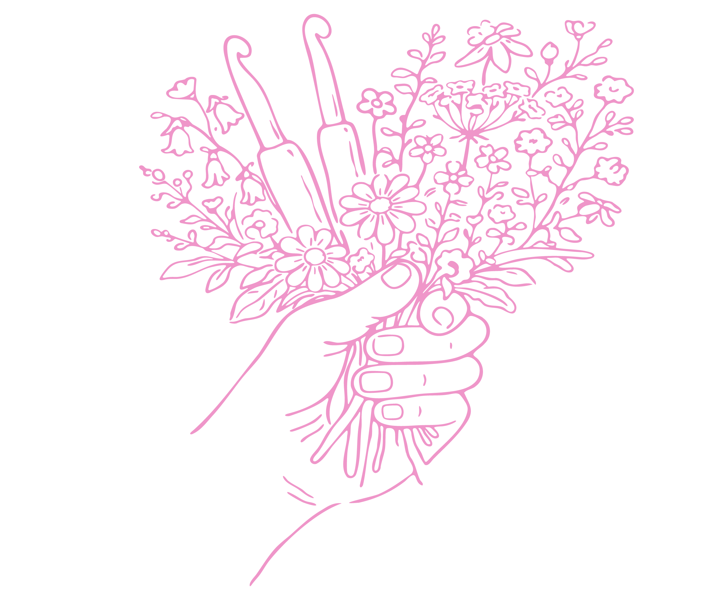 A pink line drawing of a hand holding a bouquet of flowers and gardening tools on a black background.
