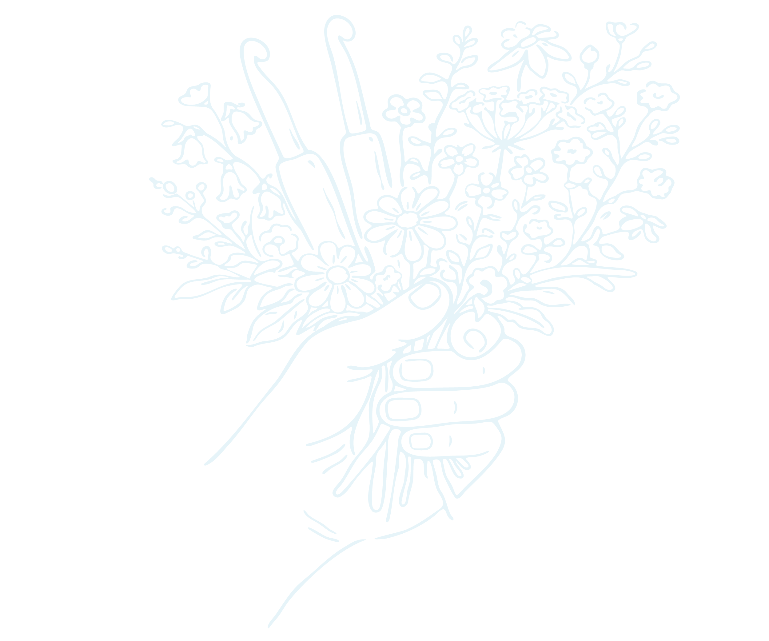 Line drawing of a hand holding a bouquet of flowers and gardening tools against a black background.