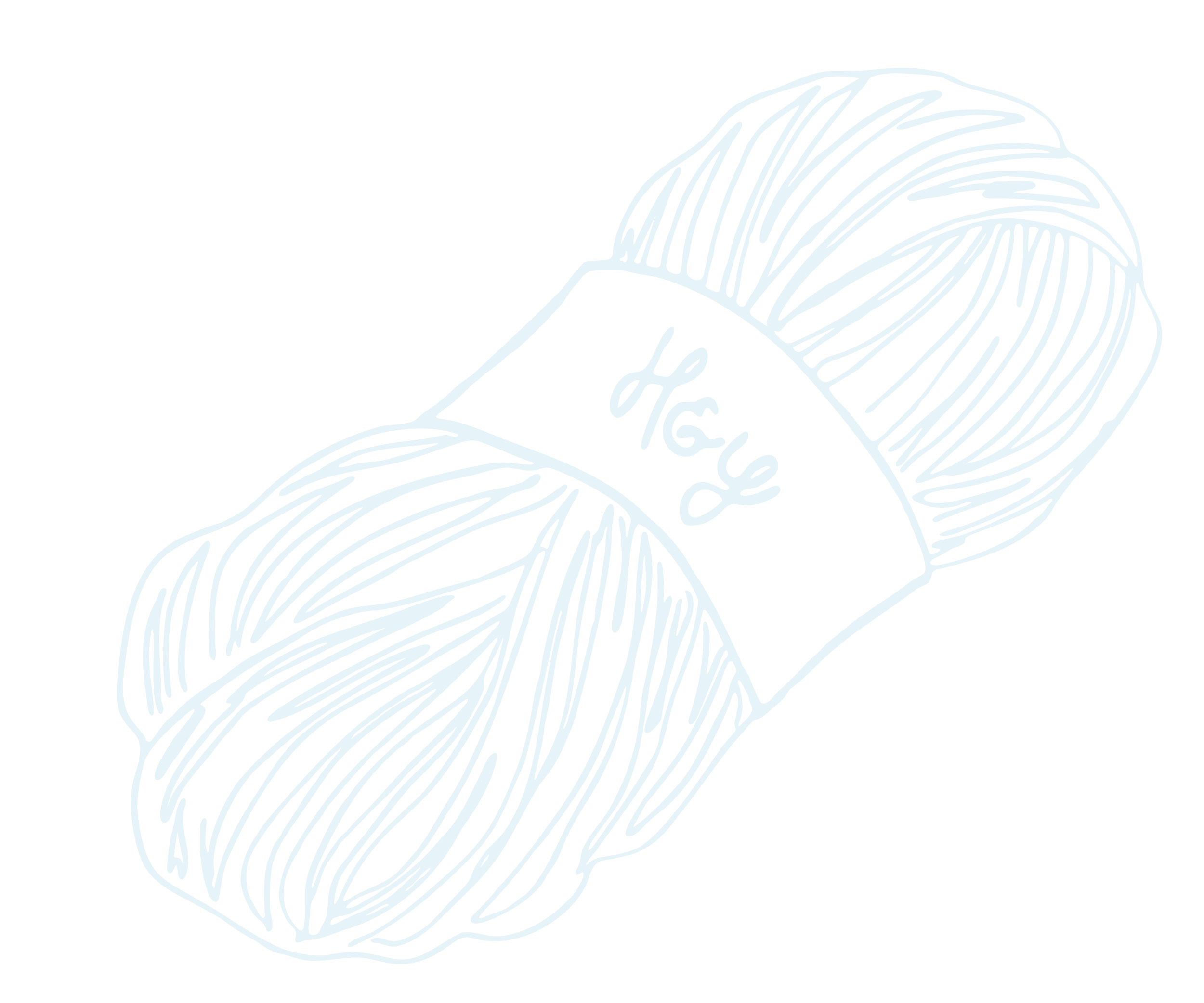 A black and white line drawing of a ball of yarn with a label that says 'Hey'.