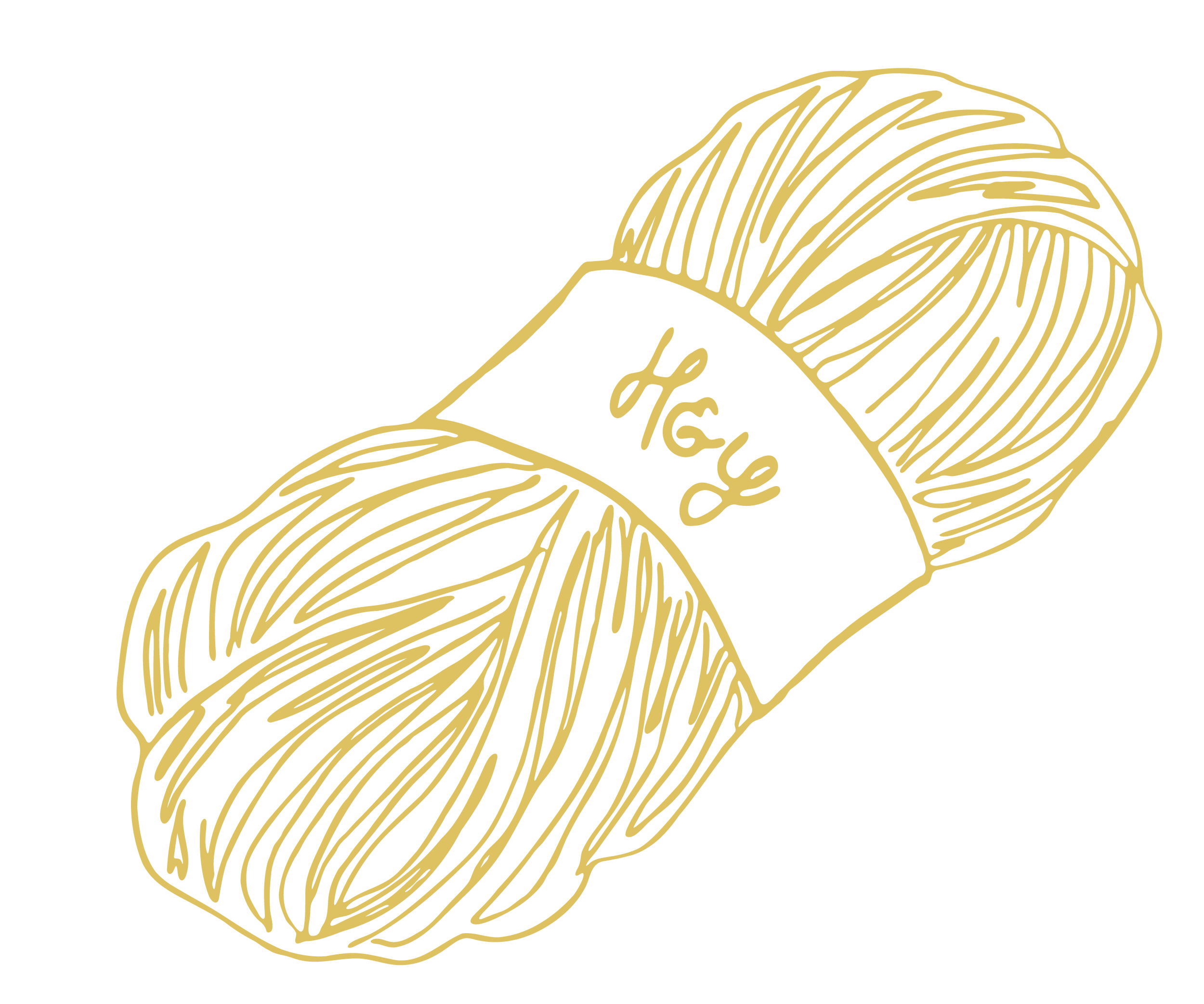 Gold line drawing of a ball of yarn with a label reading 'Hey' on a black background.