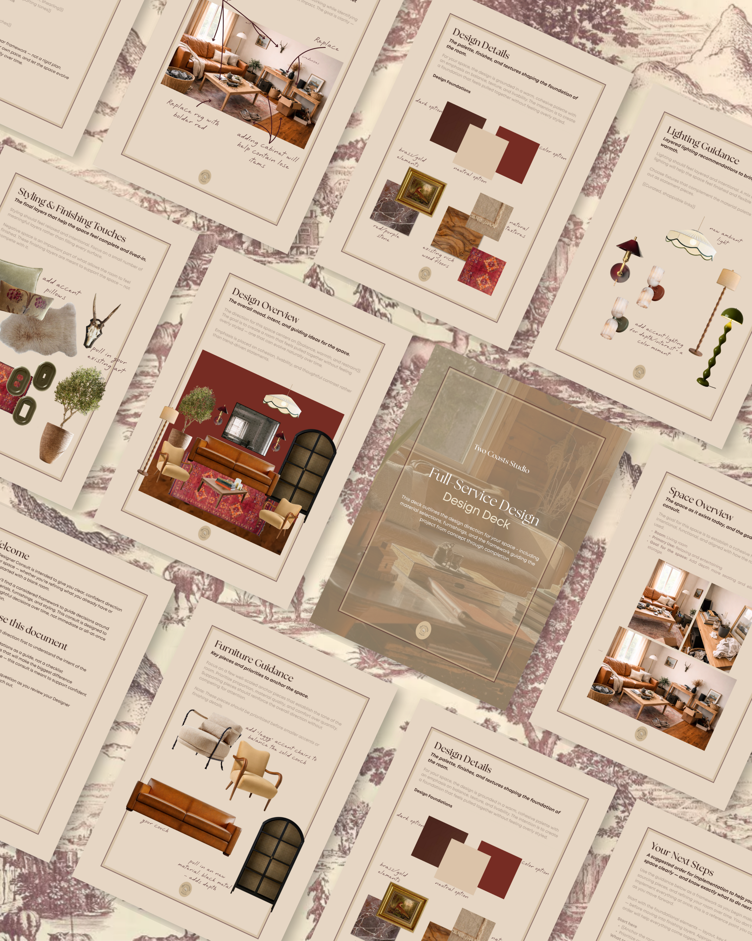 Collection of interior design presentation pages for a full-service design firm, featuring room layouts, furniture and decor guidance, lighting tips, and style overviews with images and written notes, laid out on a textured background.