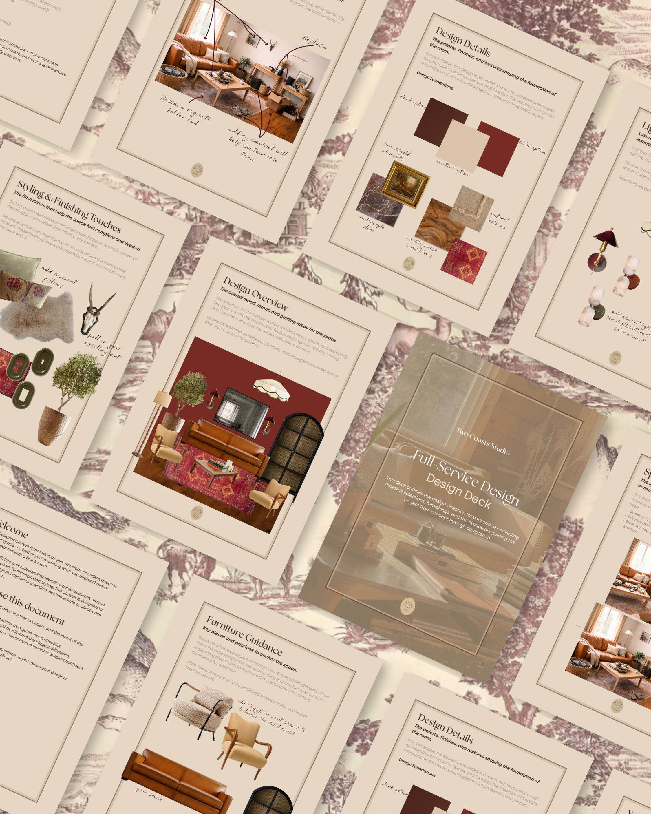 Collection of interior design presentation pages featuring furniture, color palettes, decorating tips, and design concepts for a full-service interior design project.