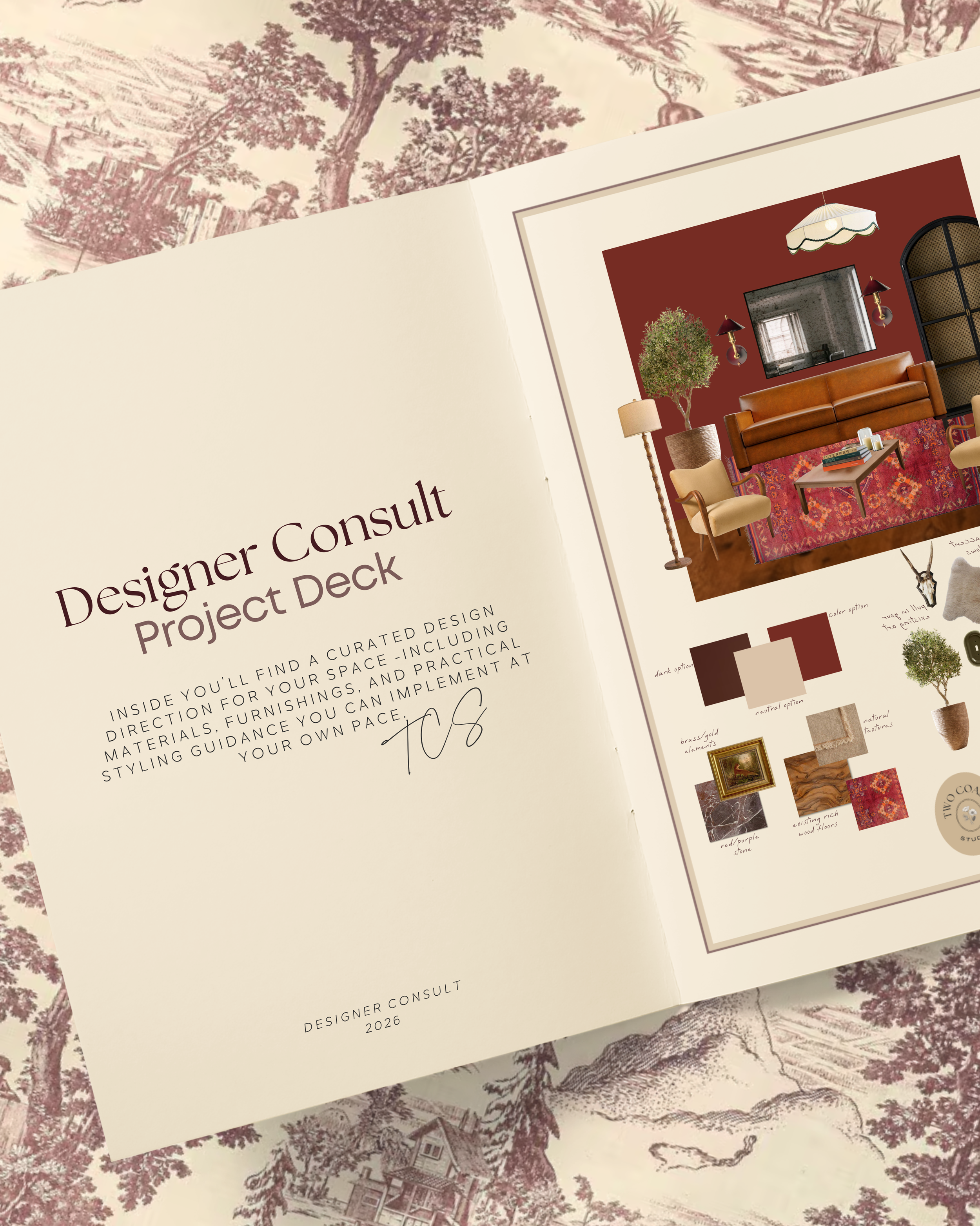 Open interior design brochure with project deck titled 'Designer Consult Project Deck,' featuring a living room scene with a sofa, chairs, a television, a potted plant, and color palettes.