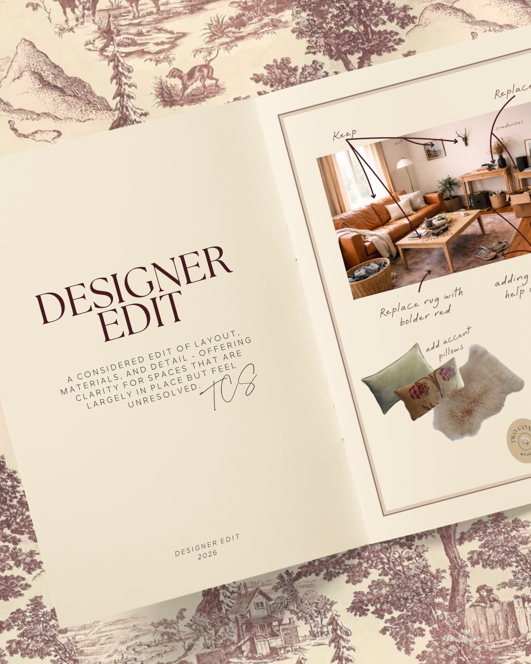 Open magazine showing interior design tips for a living room, including replacing a rug, adding pillows, and keeping decor organized, with handwritten notes and annotated images.