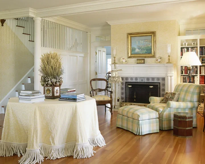 Antique Dutch tiles surround the fireplace