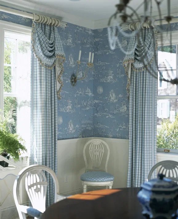 Dining Room - 
French Toile covered walls and Painted "Balloon" dining chairs