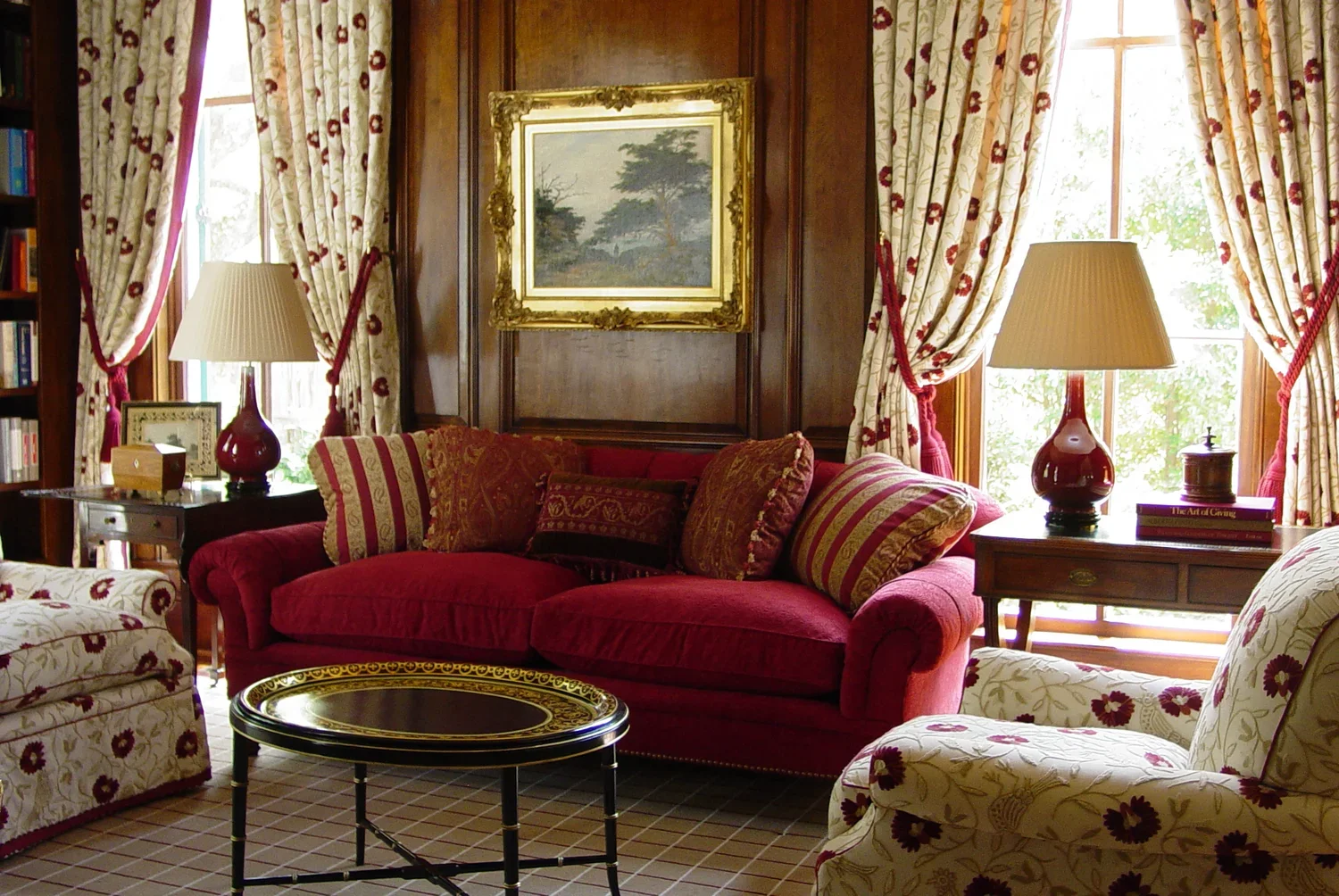 Library
Custom upholstery in velvets and crewel work linen