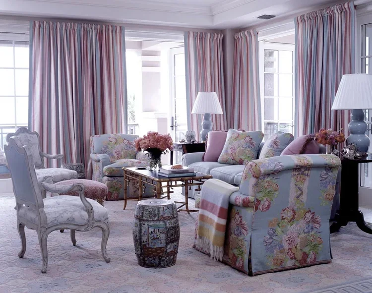 Living Room - Bright floral linens, awning striped curtains