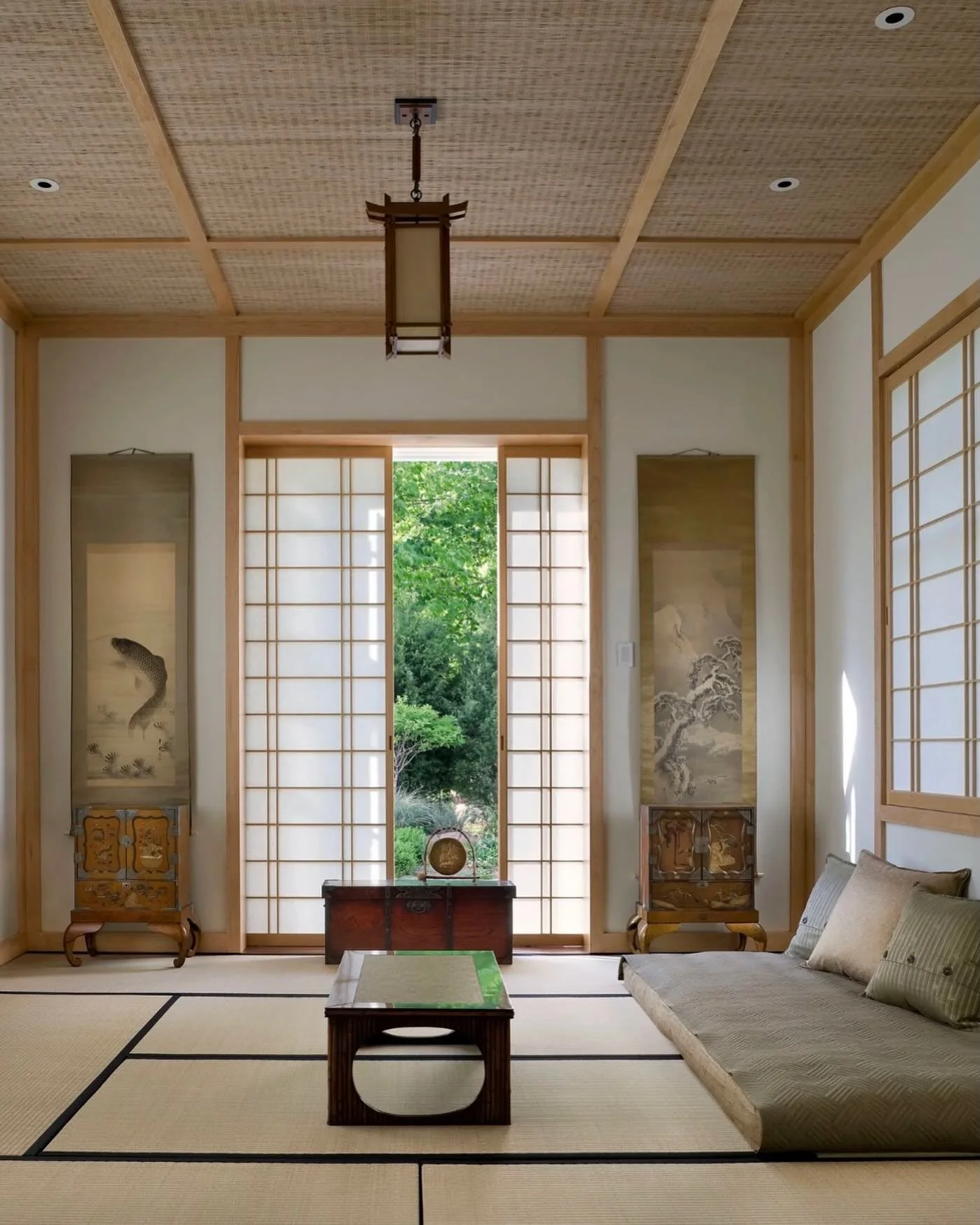 Looking back a Japanese style tatami room I designed for a Connecticut client who had spent time in Japan incorporating fabulous scolls and tables from @nagaantiques and a soothing palette #tatami #zen
