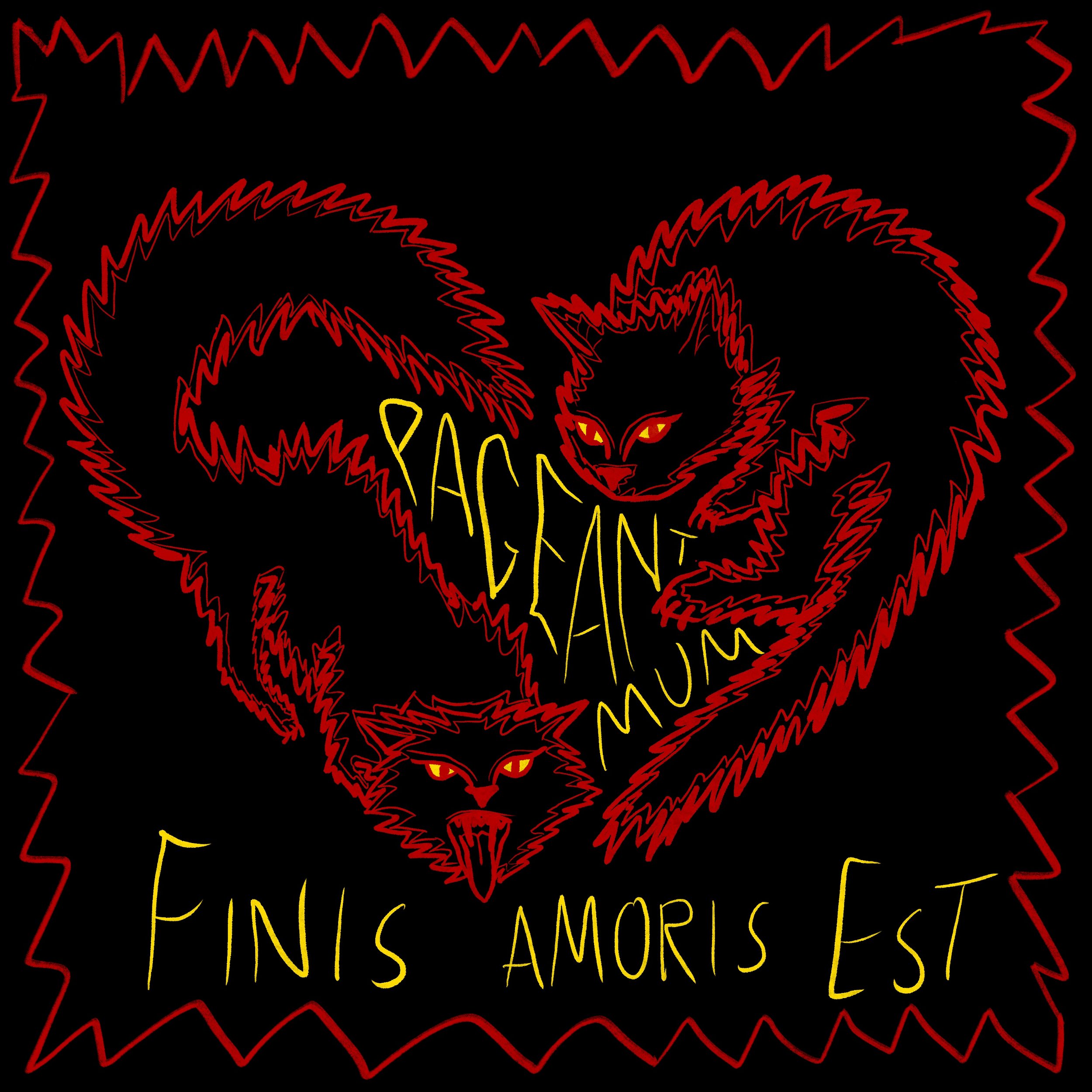 Black background with two red outline cats showing fangs and yellow eyes, surrounded by red zigzag borders. The phrase 'Pactum Umbra' is written in yellow in the center, and 'Finis Amoris Est' is written at the bottom.