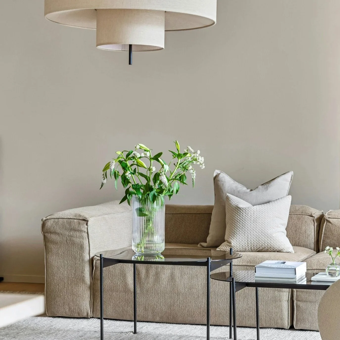 neutral home with modern traditional accents and cozy sofa