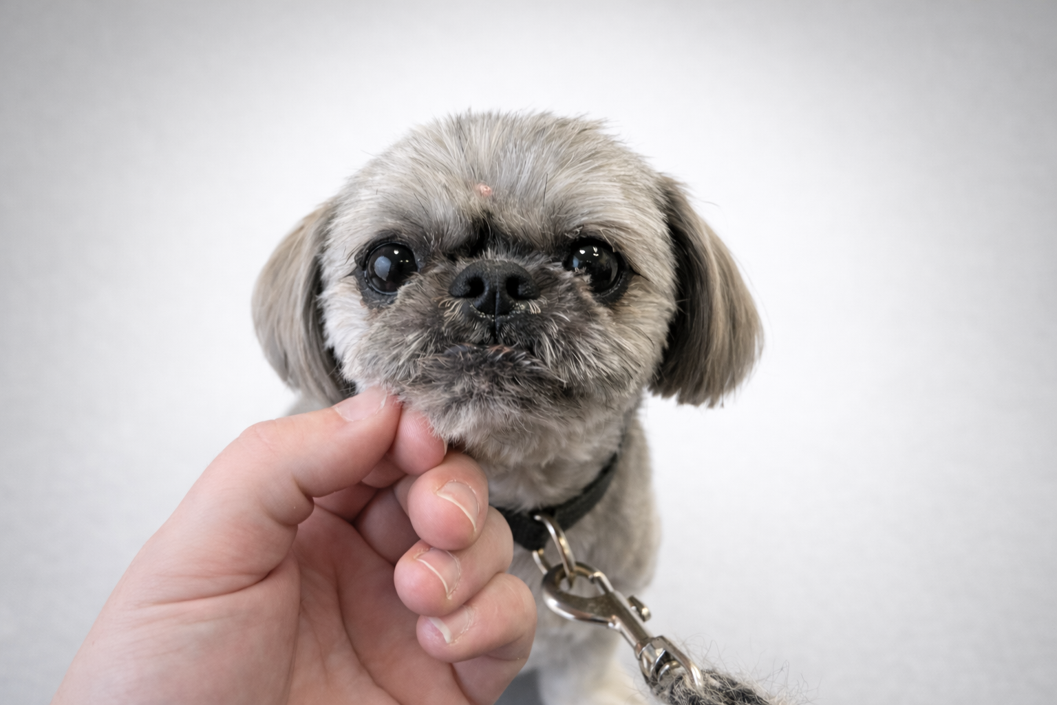 Close-up of a small dog with gray and white fur, big dark eyes, and a black nose, being gently held by a person's hand under its chin against a plain gray background.