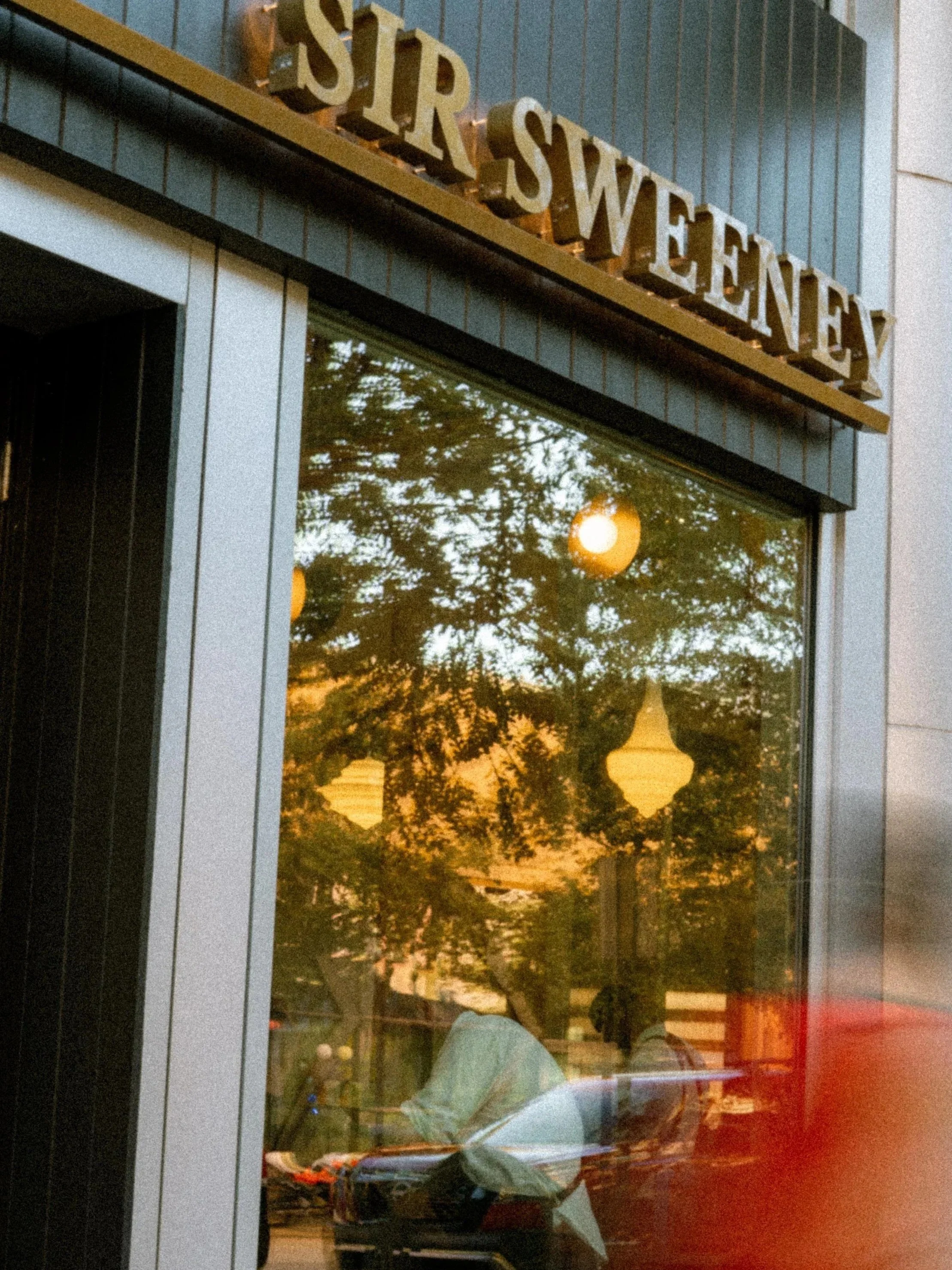 Reflection of trees and hanging lights in a store window with a sign reading 'SIR SWENEY' above.