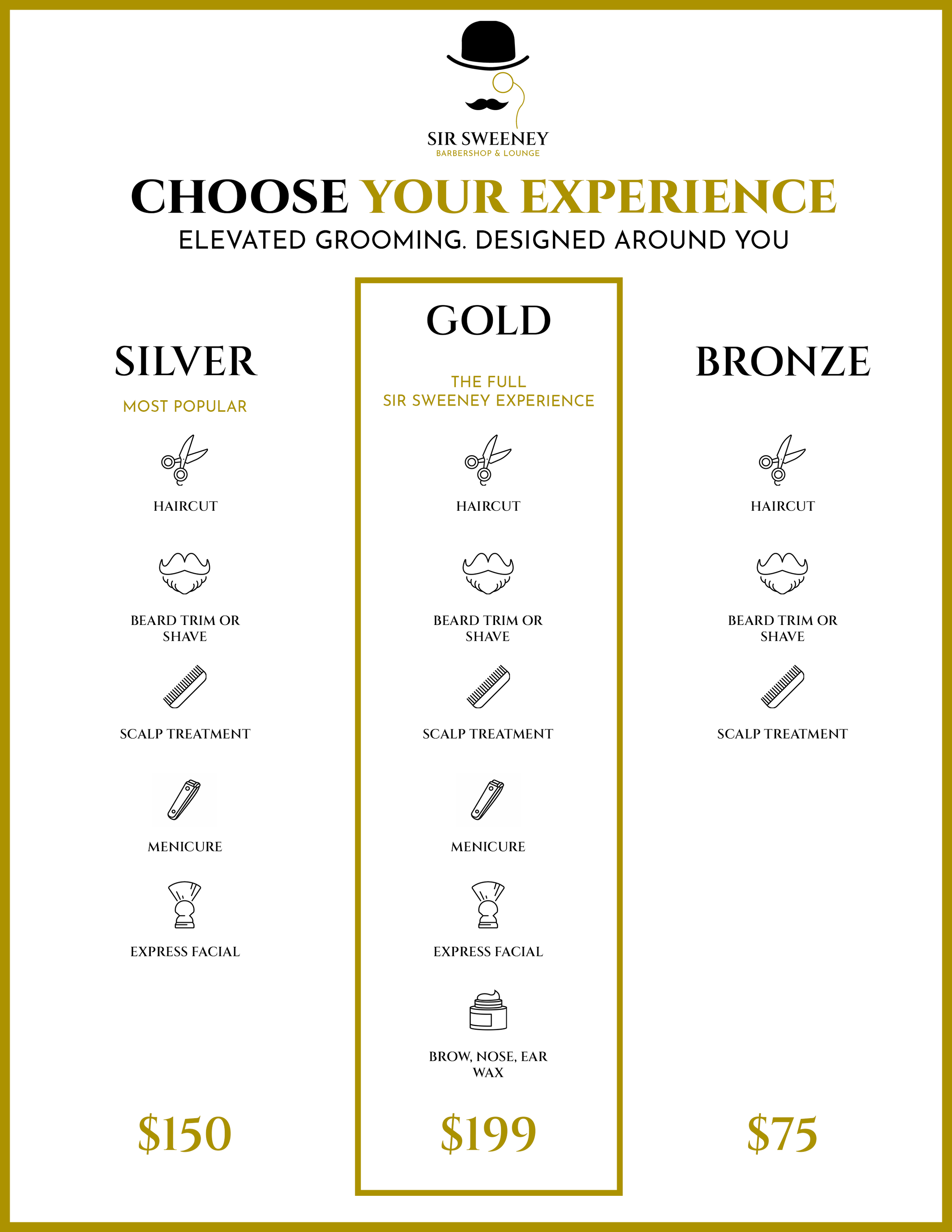 A grooming service menu from Sir Sweeny Barbershop & Lounge showing three experience options: Silver, Gold, and Bronze. The Gold experience includes haircut, beard trim or shave, scalp treatment, manicure, express facial, and brow, nose, ear wax, priced at $199. Silver is the most popular at $150, and Bronze is $75.
