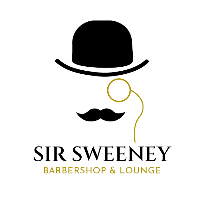 Black background with a simple line drawing of a straight razor in gold and the text 'Barbershop & Lounge' in gold at the bottom.
