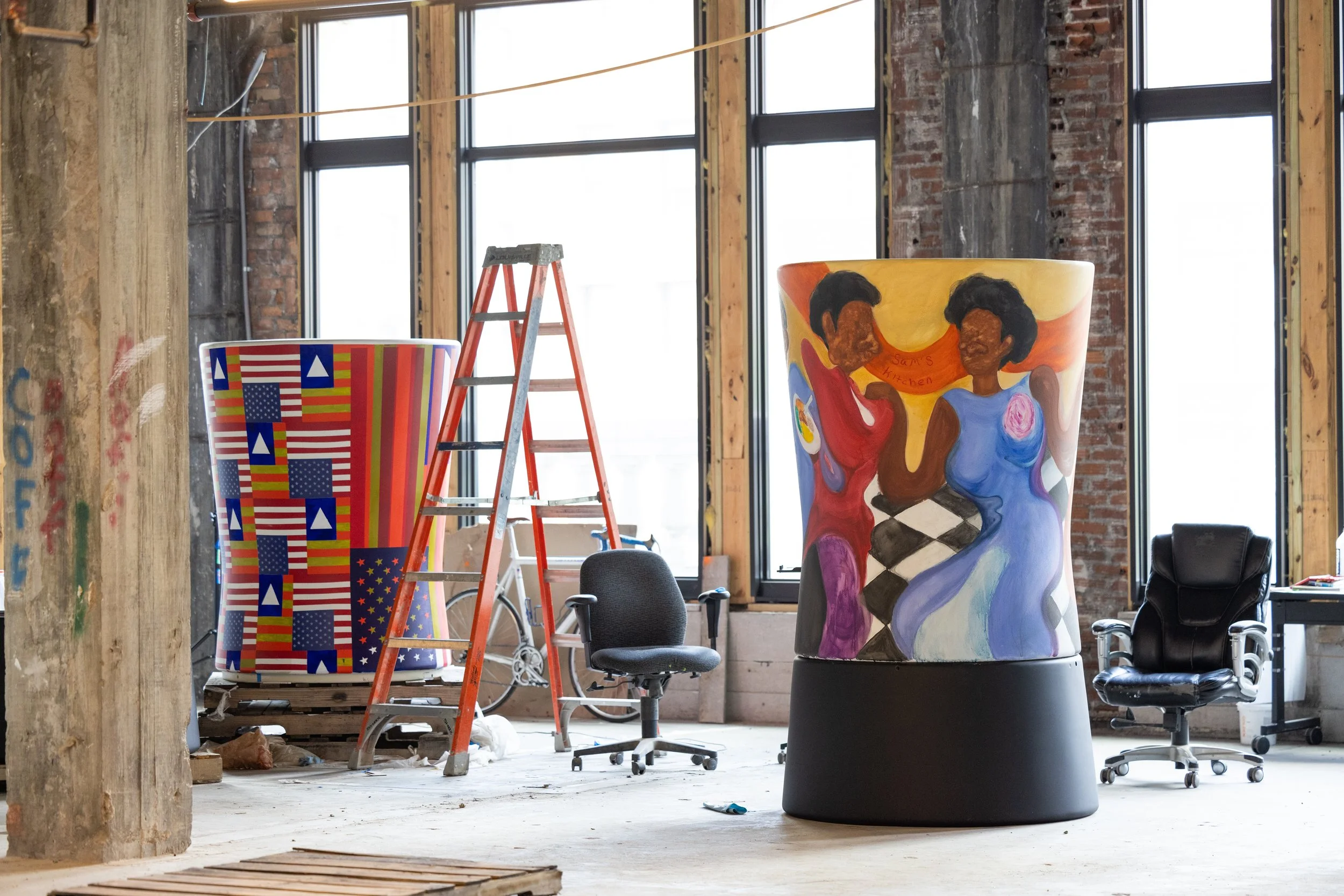 A studio image of Juniper's drum for the Stories of Us Sculpture Project.