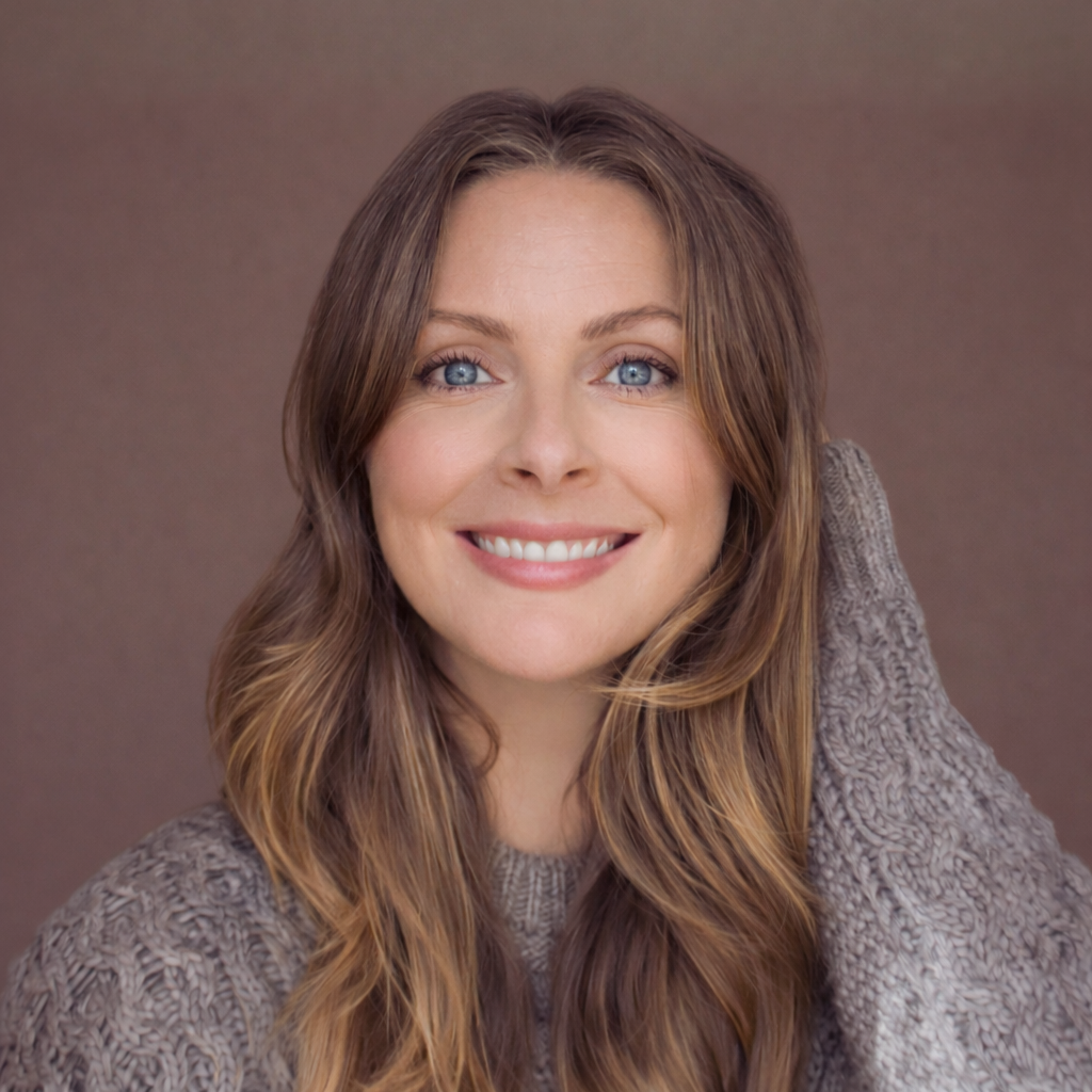 A woman with long, wavy brown hair and blue eyes, smiling, wearing a gray textured sweater against a neutral background.
